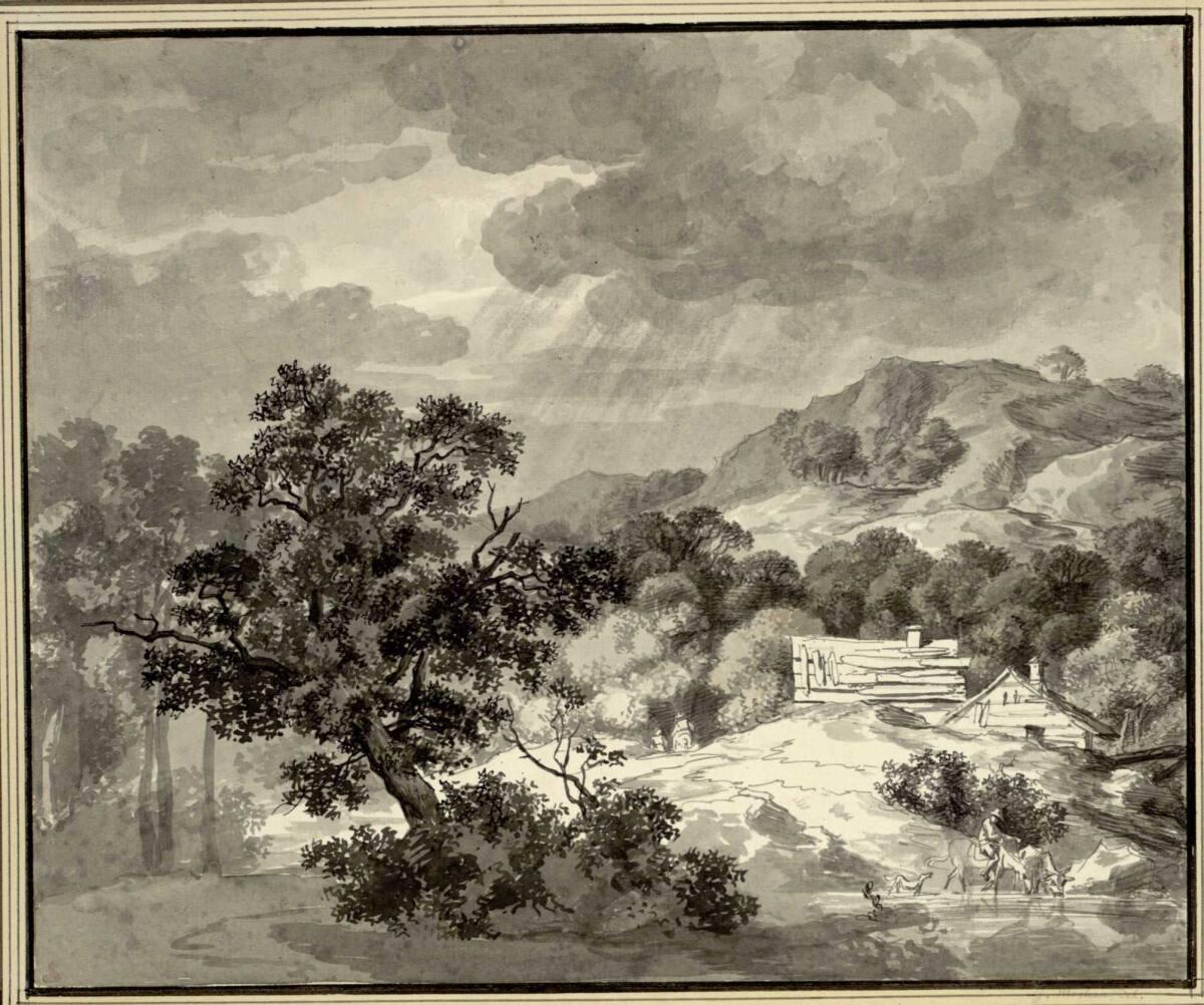 Jacob Wilhelm Mechau, Berglandschaft mit Eiche und zwei Bauernhäusern, Inv. Nr.: 5910
