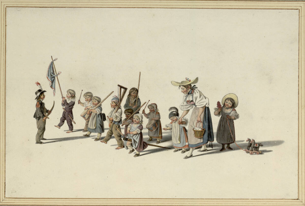 Kinderparade: ein Bub mit Säbel kommandiert eine Gruppe von Kindern, die ihr Spielzeug wie Waffen tragen, Gottfried Mind, 1801–1814