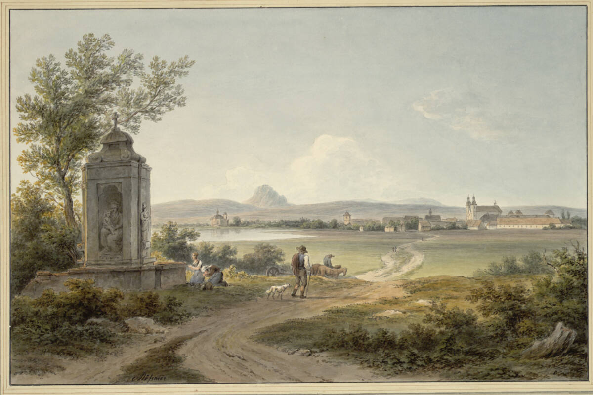 Blick auf Dux/Duchcov in der nordtschechischen Region Ústecký kraj am Fuß des Erzgebirges im Nordböhmischen Becken, acht Kilometer südwestlich von Teplice, von Südwesten, Joseph Mössmer, 1812