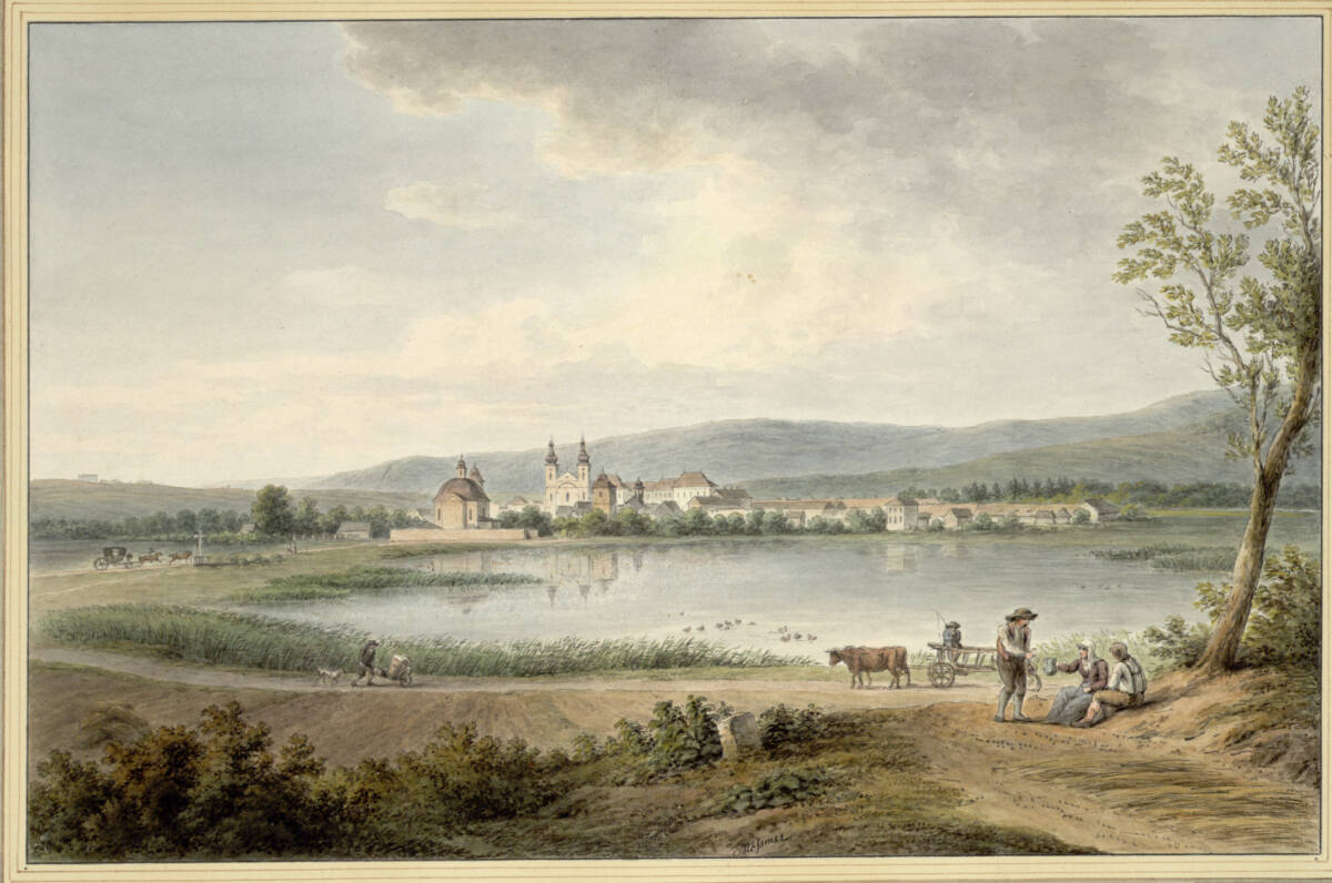 Blick auf Dux/Duchcov in der nordtschechischen Region Ústecký kraj am Fuß des Erzgebirges im Nordböhmischen Becken, acht Kilometer südwestlich von Teplice, von Westen, Joseph Mössmer, 1812