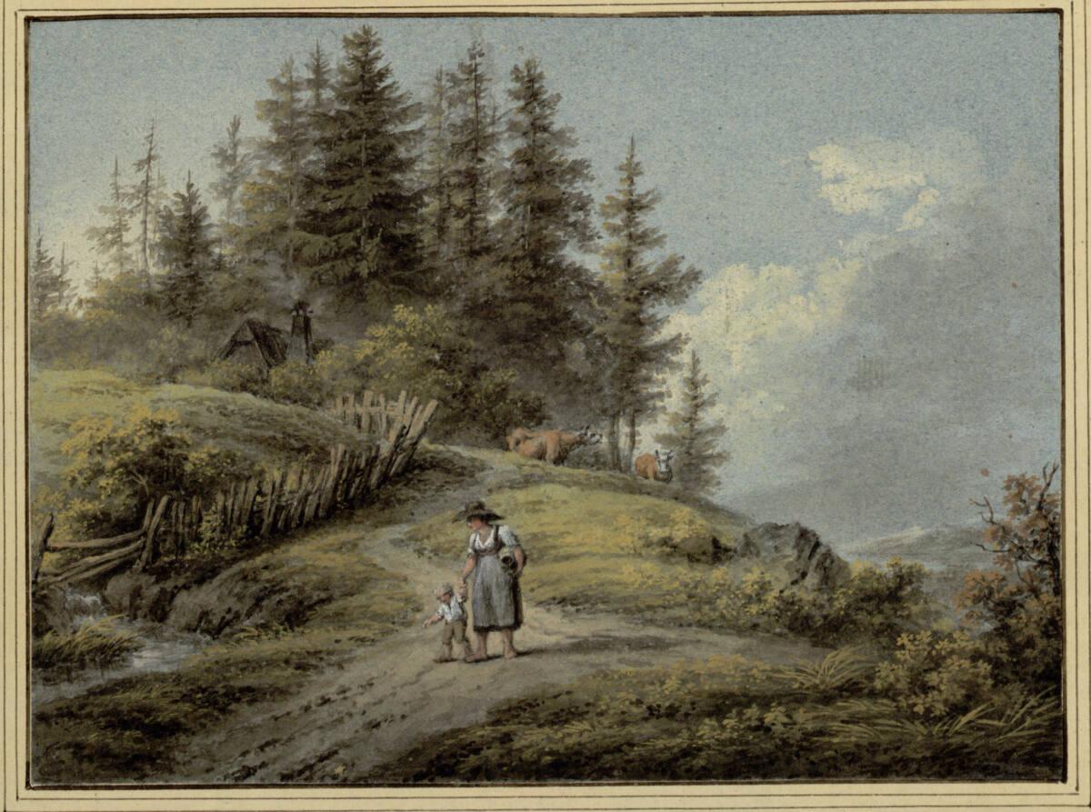 Joseph Mössmer, Landschaft mit Frau, Kind und zwei Kühen, Inv. Nr.: 5991