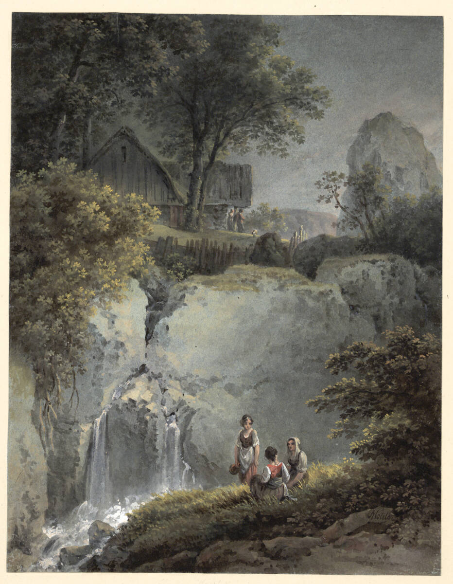 Alpenlandschaft mit Holzhütte und Wasserfall, Martin von Molitor