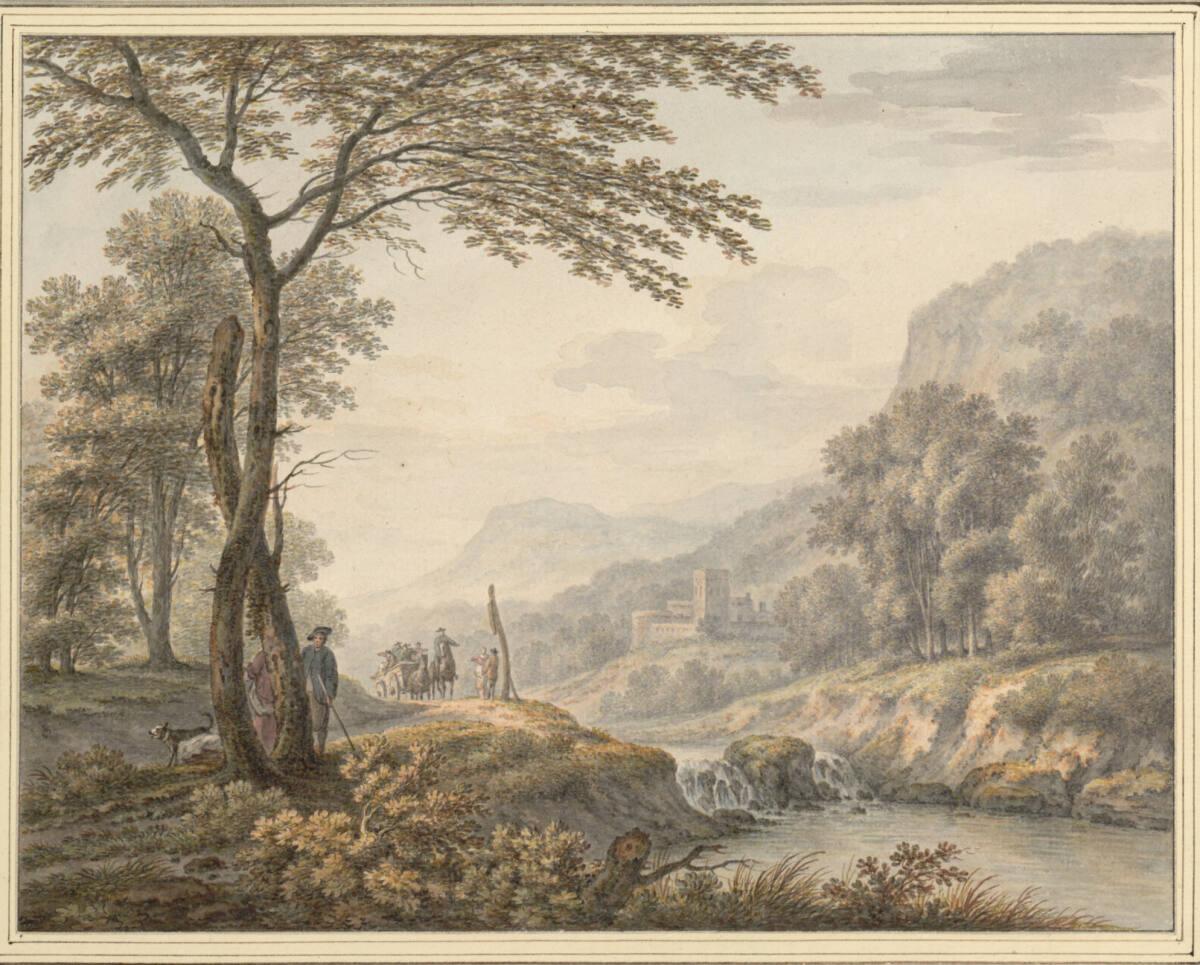 Johann Heinrich Müntz, Tallandschaft mit einer Festung am Fluss und bäuerlicher Figurenstaffage…
