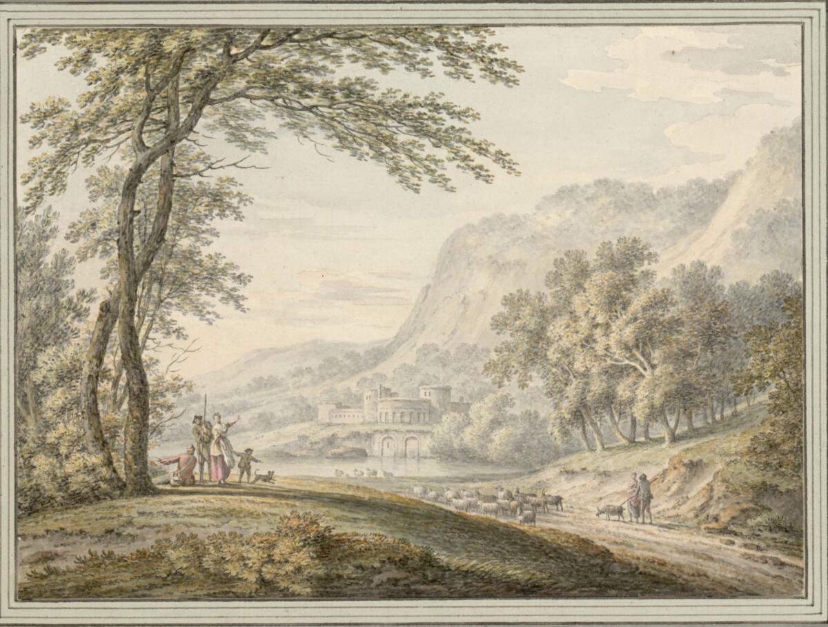 Johann Heinrich Müntz, Tallandschaft mit einer Festung am Fluss und mit ländlicher Figurenstaff…