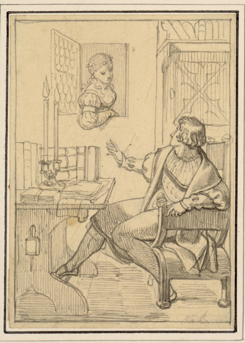Eine junge Frau neigt sich durch ein Fenster in die Kammer eines jungen Gelehrten hinein, der erschrocken zu ihr aufblickt, Gustav Heinrich Naeke