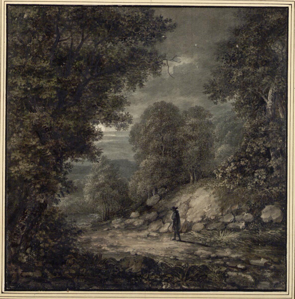 Christoph Nathe, Mondscheinlandschaft mit einem Wanderer in schwarzem Mantel, Inv. Nr.: 6074