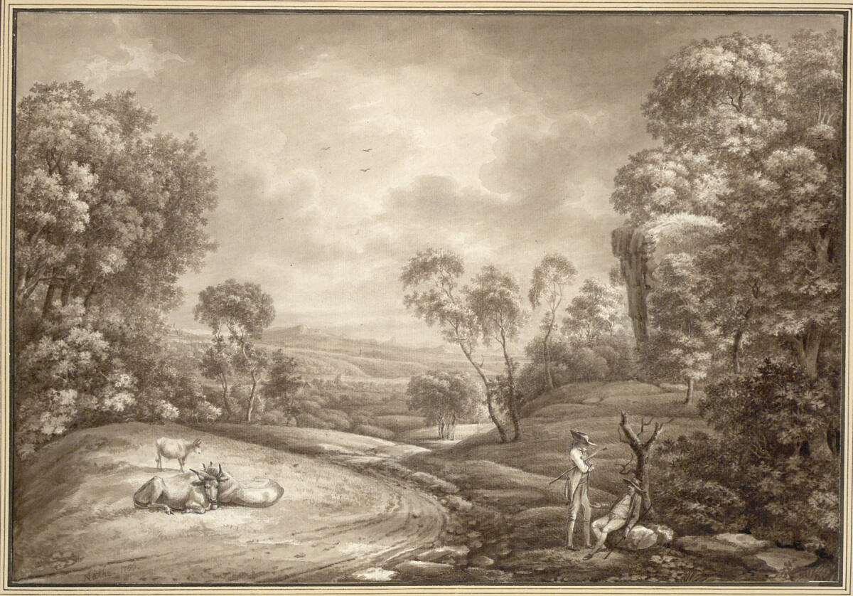 Blick in ein weites Tal, im Vordergrund zwei rastende Spaziergänger und ruhende Kühe, Christoph Nathe, 1786