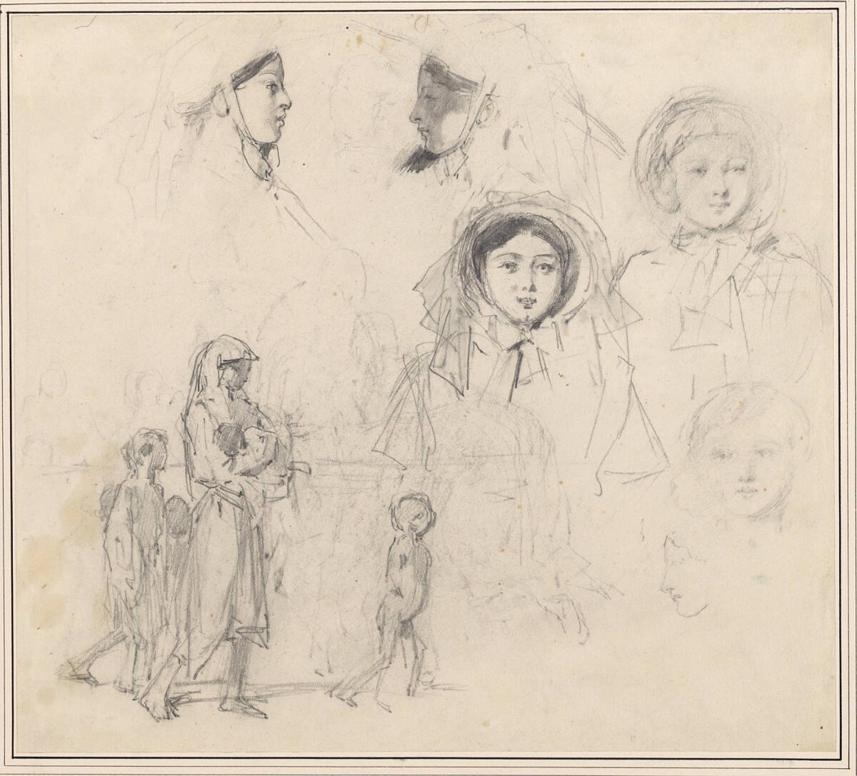 August Xaver Karl von Pettenkofen, Studien nach einem Frauenkopf mit Hut, Romni mit Kindern, In…