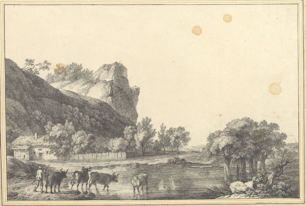 Viehtränke an einem Weiher, daneben ein Bauernhaus im Schatten einer Felswand, Karel Postl