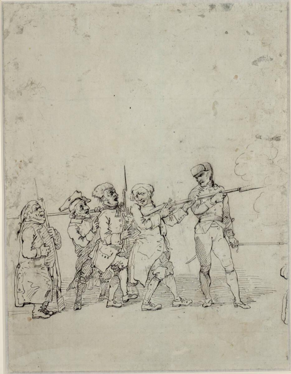 Johann Heinrich Ramberg, Karikatur auf vier Bürger bei der Waffenübung mit einem Soldaten, Inv.…