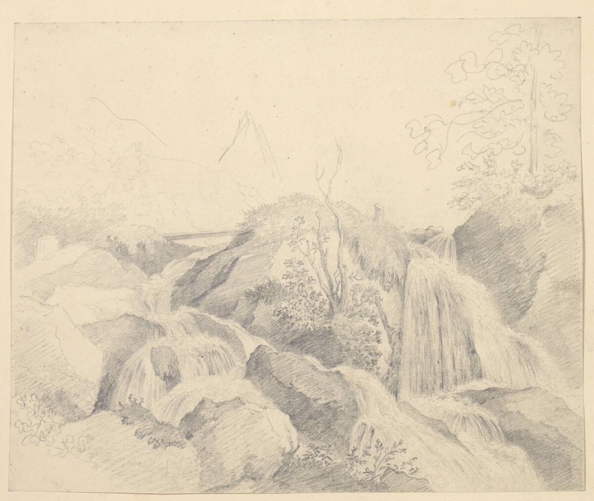 Franz Rechberger, Wasserfall mit vielen Stufen, hinter dem sich Berge erheben, Inv. Nr.: 6253