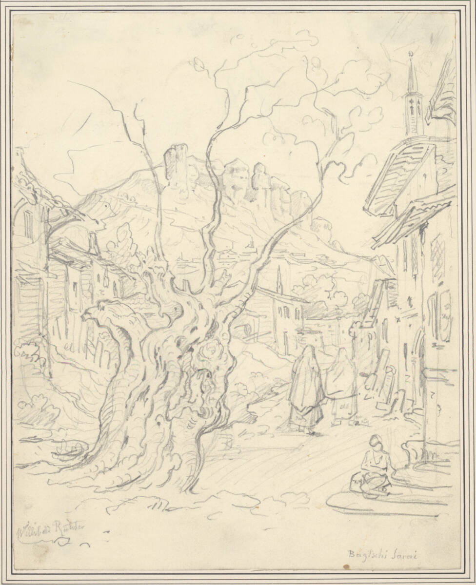 Bachtschyssaraj (??????????) auf der Krim, mit der Höhlenstadt Tschufut-Kale (Çufut Qale, ????? ????) im Hintergrund, Willibald Richter