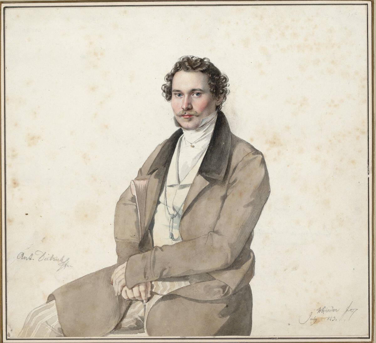 Wilhelm August Rieder, Bildnis des Bildhauers Dietrich (?); Kniestück; auf einem Stuhl sitzend,…