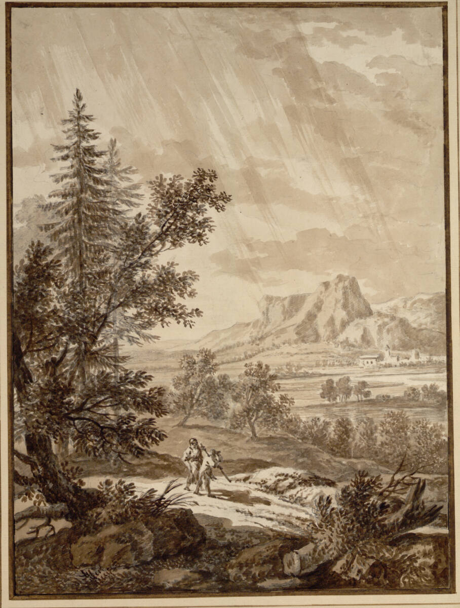 Ländliches Paar auf Waldweg, im Hintergrunde gebirgige Landschaft mit Dorf im Regen, Joseph Rosa