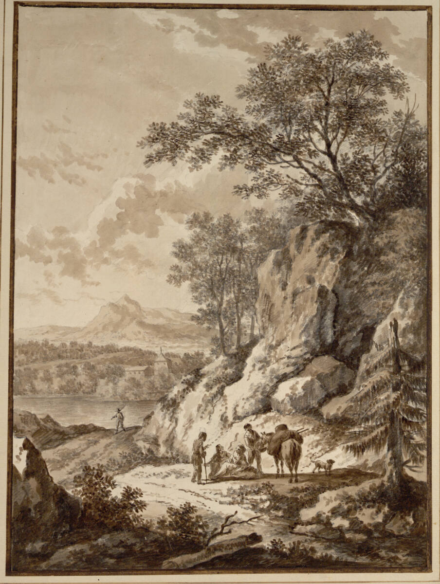 Rast auf felsigem Weg mit Ausblick auf Fluss, Dorf und Bergmassiv, Joseph Rosa