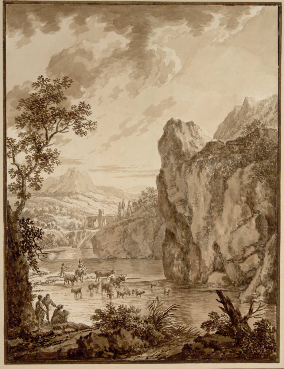 Hirten mit ihren Herden in der Furt eines Gebirgsflusses, Joseph Rosa