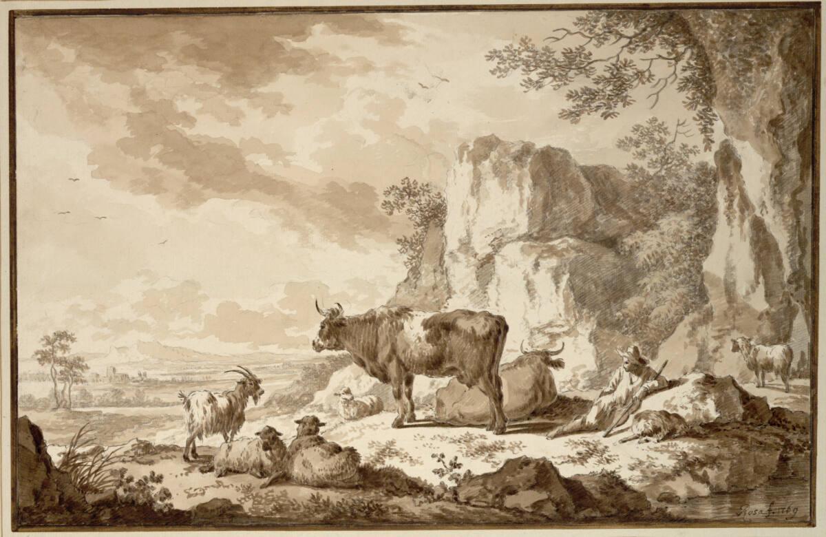 Joseph Rosa, Hirte mit Herde auf kleiner felsiger Anhöhe, im Ausblicke weite Landschaft, Inv. N…