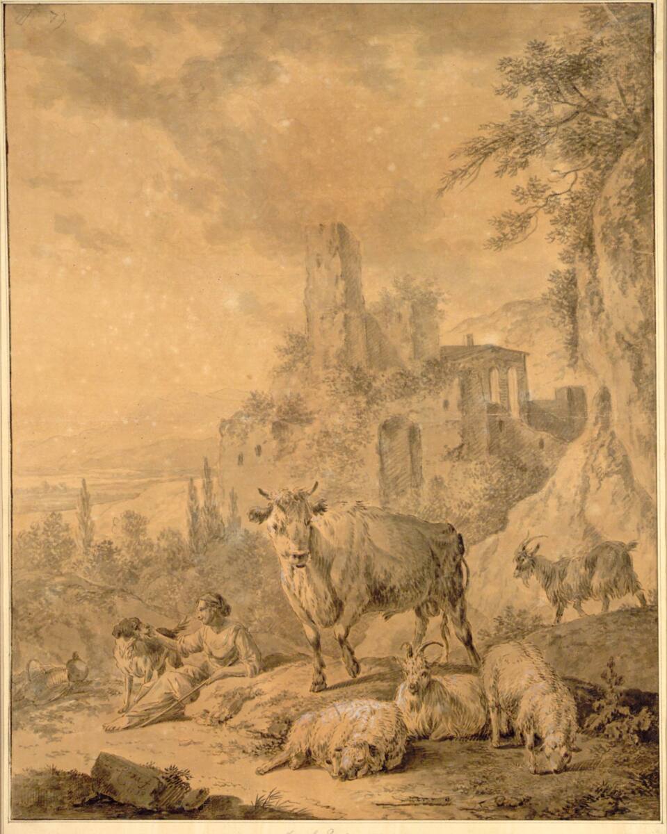 Hirtin mit Herde vor Ruinenlandschaft, Joseph Rosa, 1768
