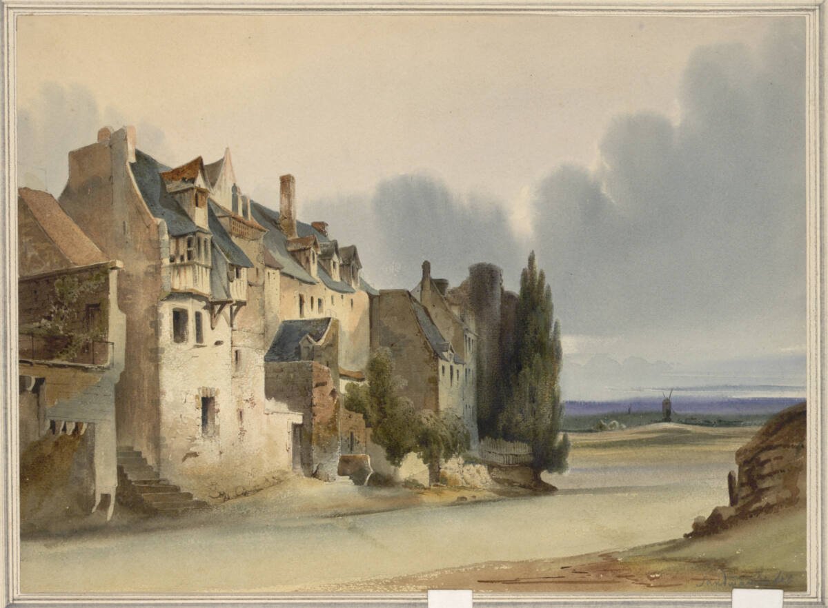 Häusergruppe einer elsässischen (?) Stadt mit Blick auf eine Windmühle in der Ferne, Franz Joseph Sandmann, 1836–1839