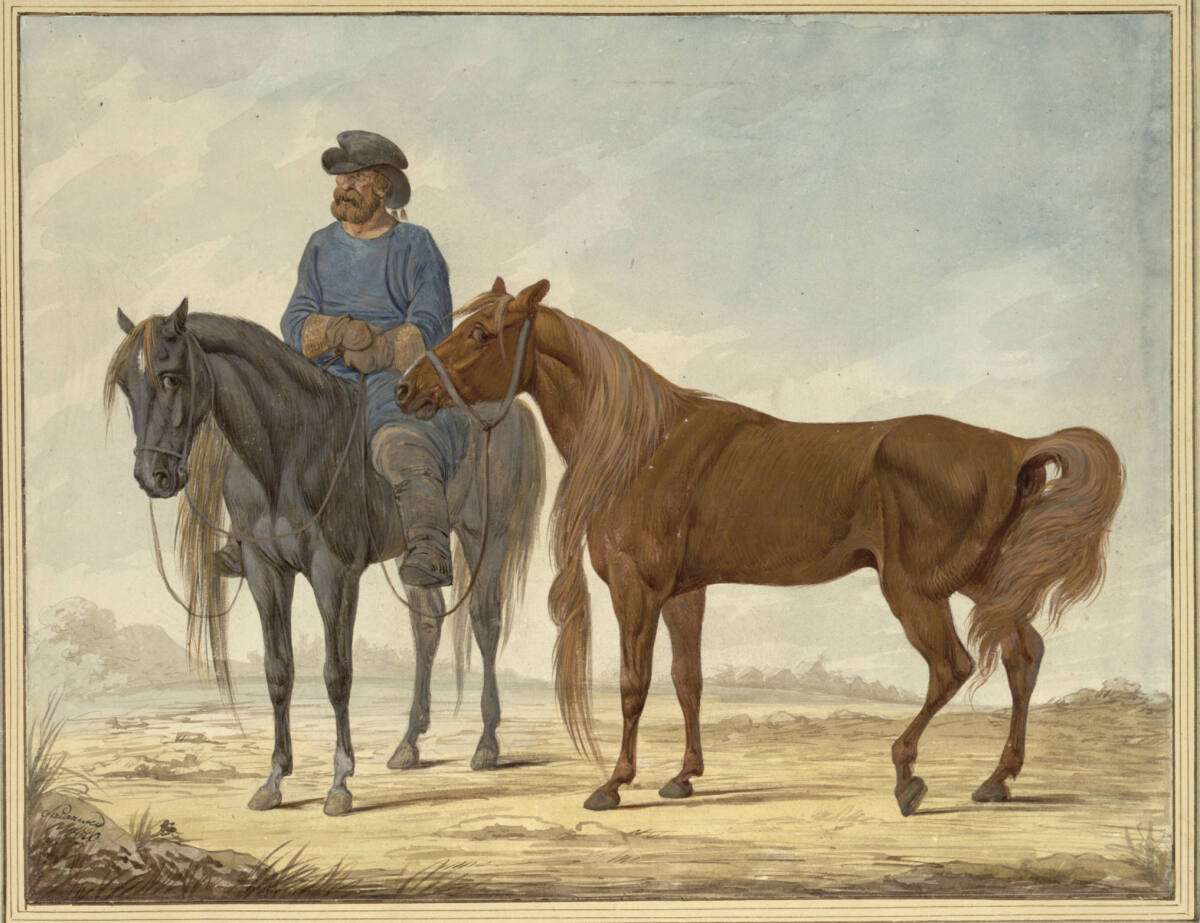 Ein russischer Stallknecht oder Izdwozik sitzt zu Pferd und hält ein zweites langmähniges Pferd am Halfter, Alexander Iwanowitsch Sauerweid, 1810