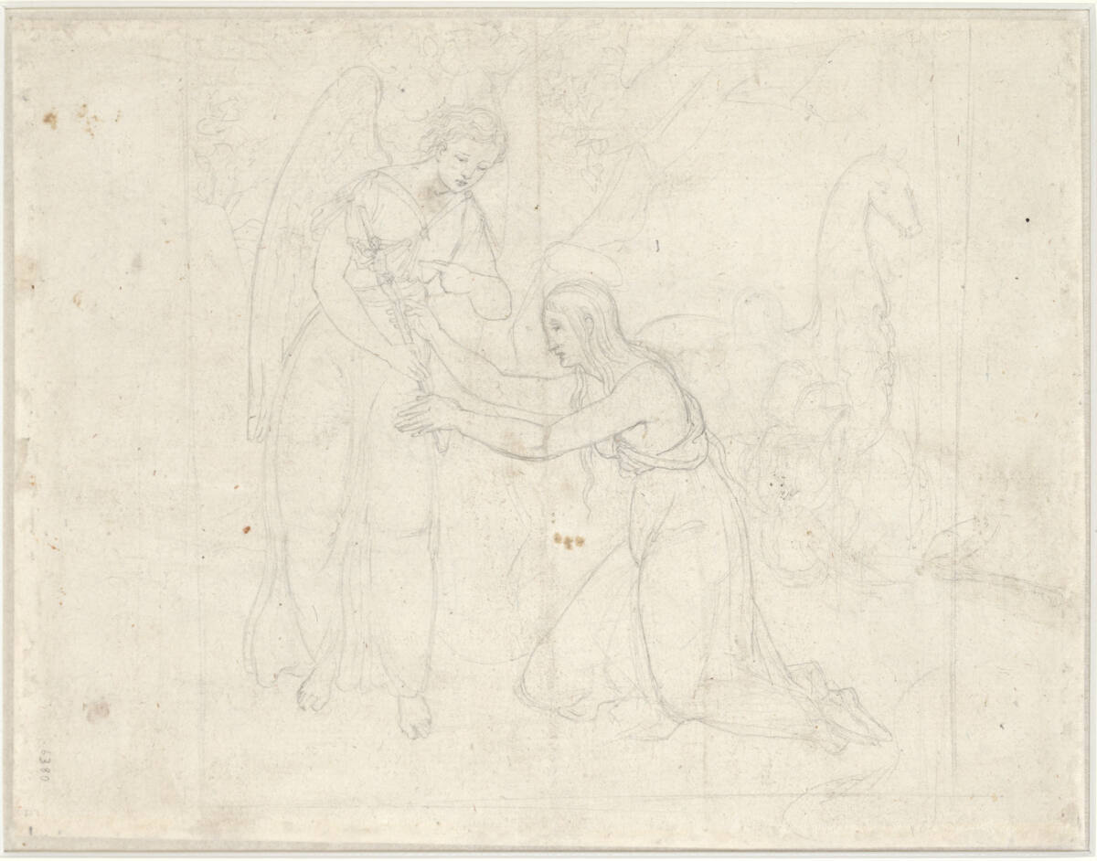 Engel hält Kruzifix einer Büßerin entgegen, Johann Evangelist Scheffer von Leonhartshoff