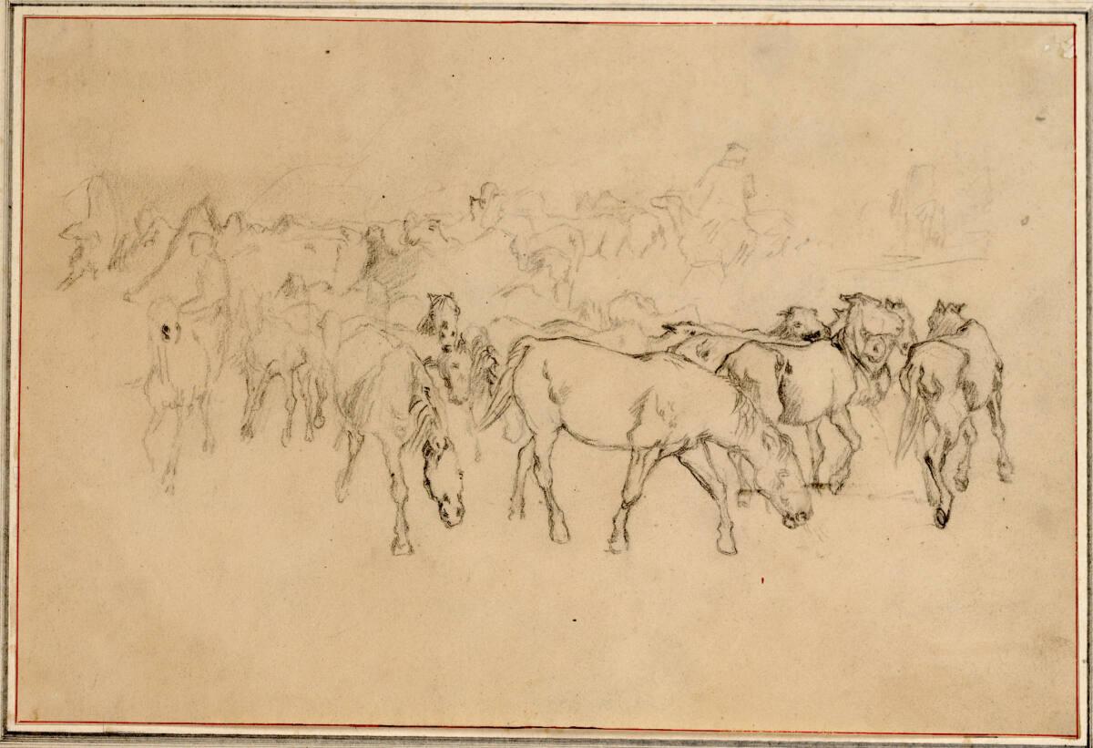 Teutwart Schmitson, Pferde mit zwei Treibern auf der Koppel, Inv. Nr.: 6415