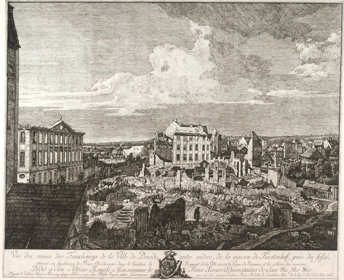 Die Ruinen der Vorstadt von Dresden, unter anderen das Palais Fürstenhof, Bernardo Bellotto
