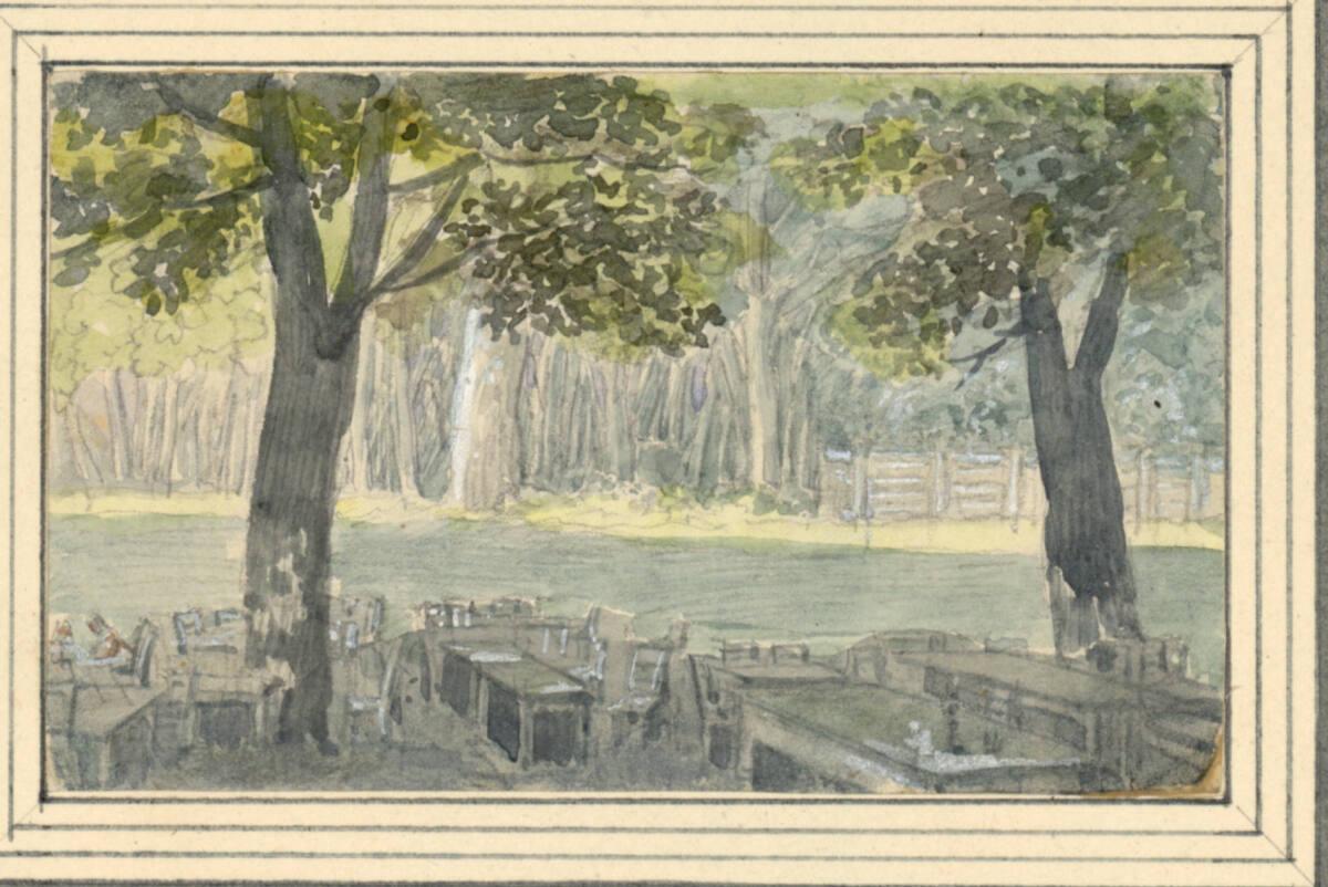 Johann Nepomuk Schödlberger, Garten des "Gasthaus zum Glückshafen" im Volkprater in Wien, Inv. …