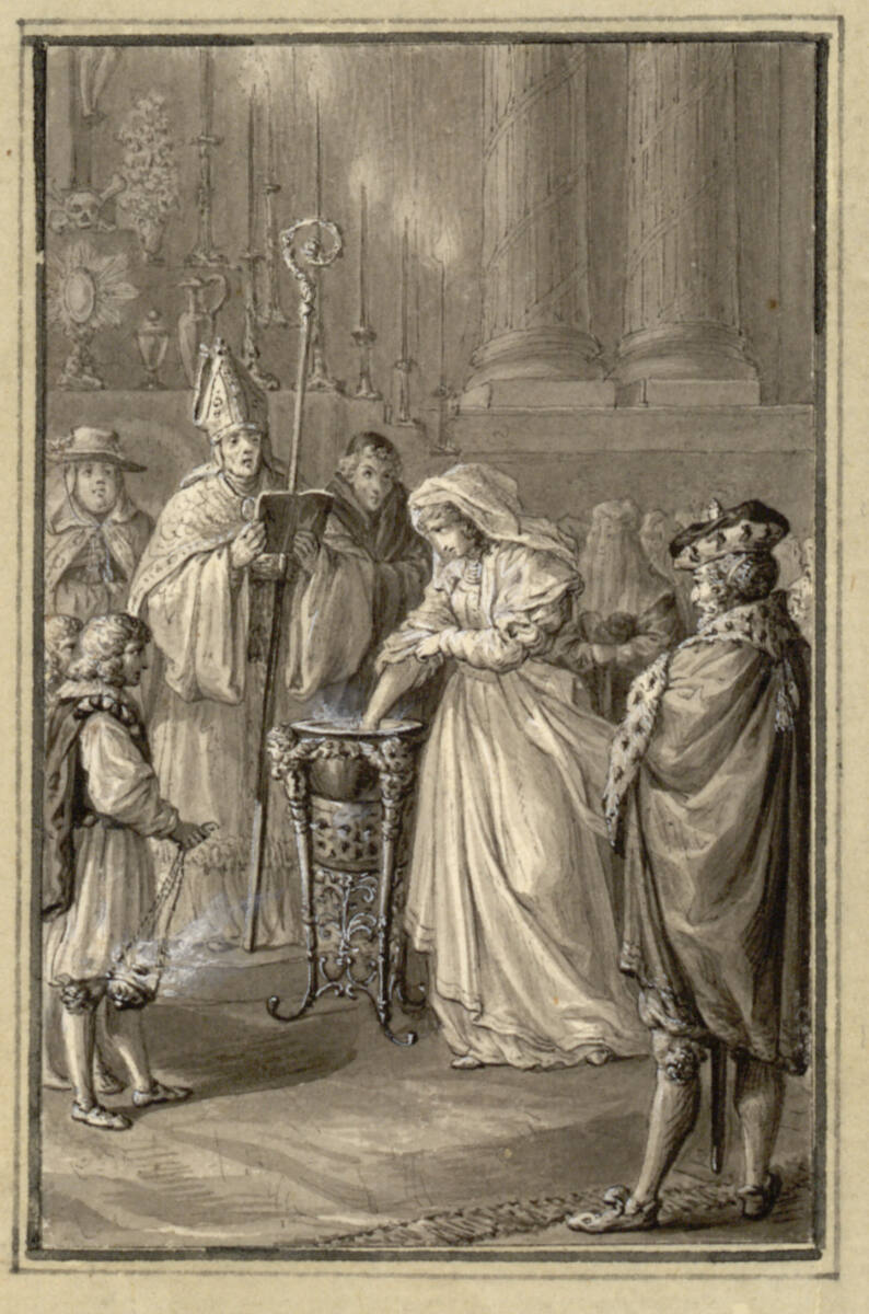 Feuerprobe einer Dame vor drei hohen geistlichen Würdenträgern in einer katholischen Kirche, Johann David Schubert