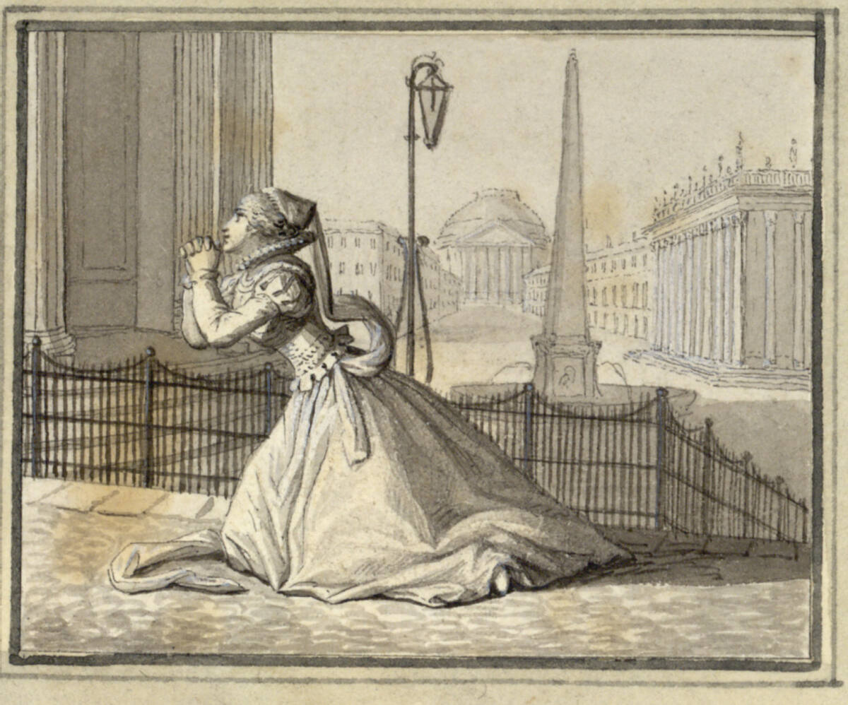 Eine betende oder jemanden auf Knien bittende Frau im Kostüm des 16. Jahrhunderts auf einer Terrasse vor einer Stadtkulisse mit antiken Bauwerken, Johann David Schubert