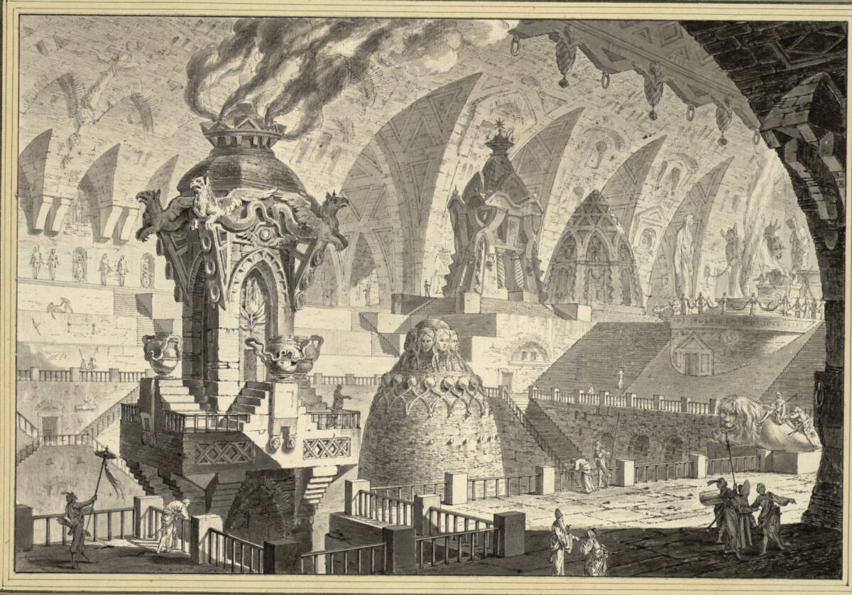 Décoration Théatrale representant une grande halle voutée remplie de monumens, Carl Schütz