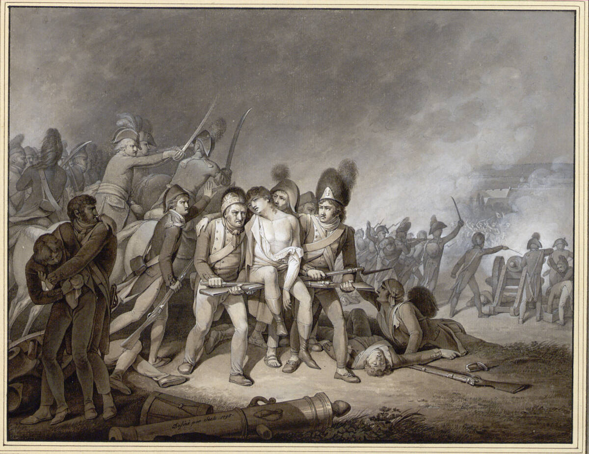 Ein verwundeter Franzose wird von zwei Kameraden auf gekreuzten Gewehren aus der Schlacht getragen, Johann Baptist Seele, 1798