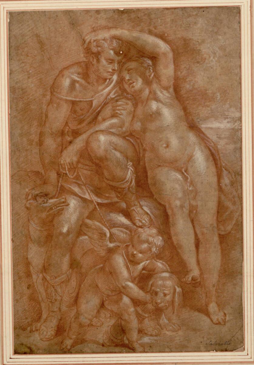 Luca Cambiaso, Venus und Adonis; Amor hat sich in die Leine verwickelt, an der Adonis zwei Hund…
