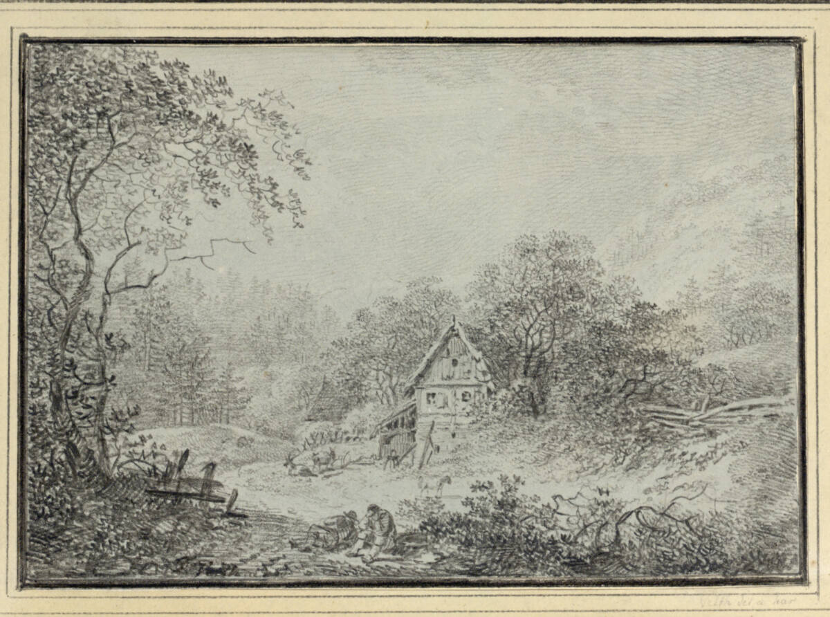Landschaft mit einem Bauernhaus zwischen Bäumen und zwei rastenden Männern, Johann Philipp Veith