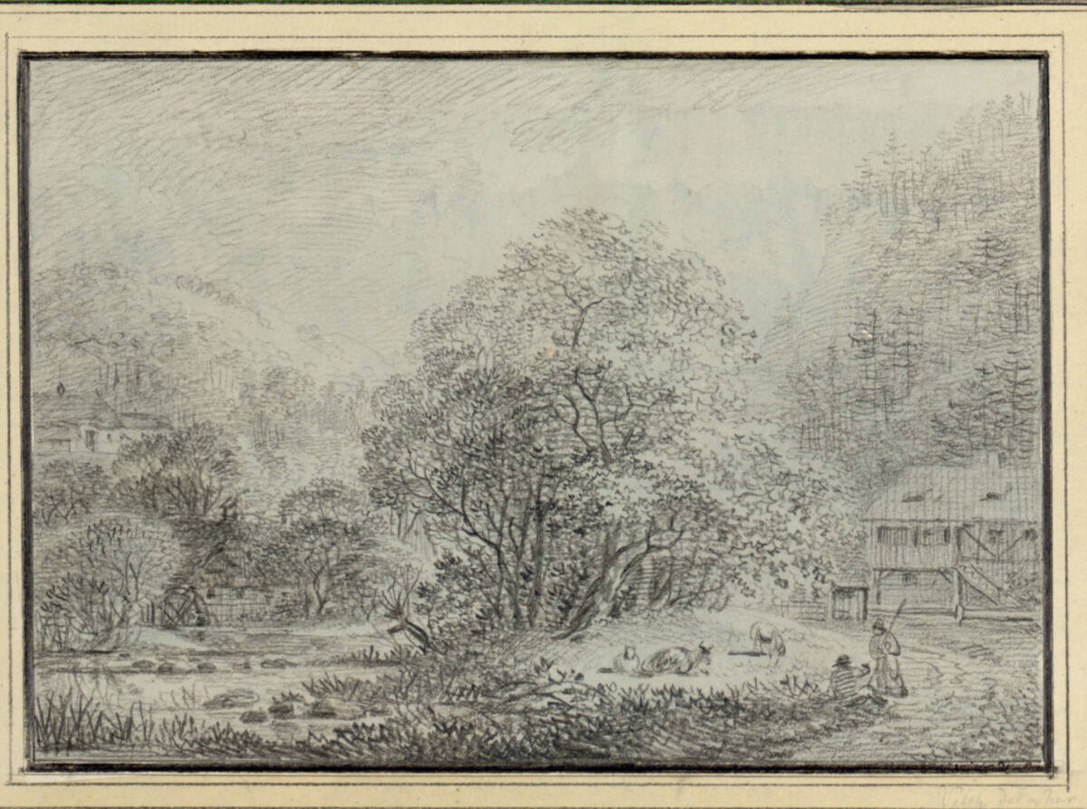 Bewaldetes Flusstal mit Mühle und Bauernhäusern, Johann Philipp Veith, 18th century