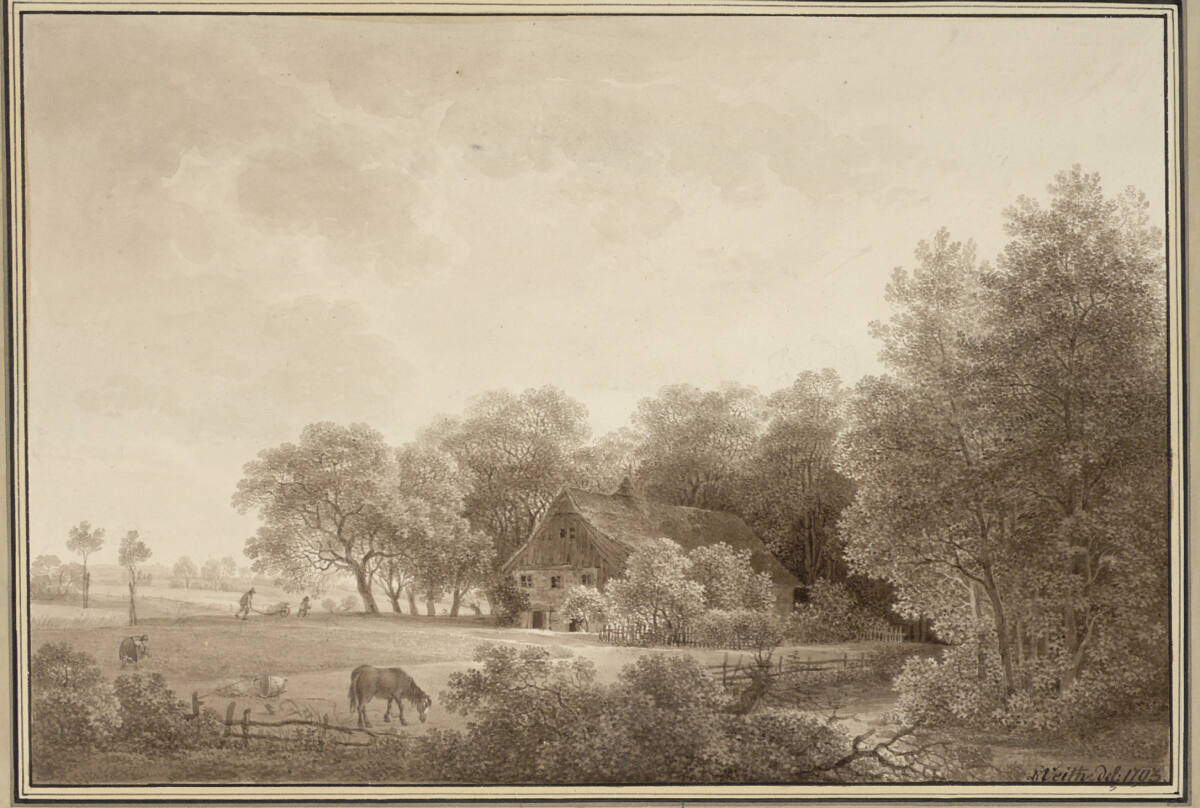Landschaft mit einem Bauernhaus am Waldrand und Figurenstaffage, Johann Philipp Veith, 1793
