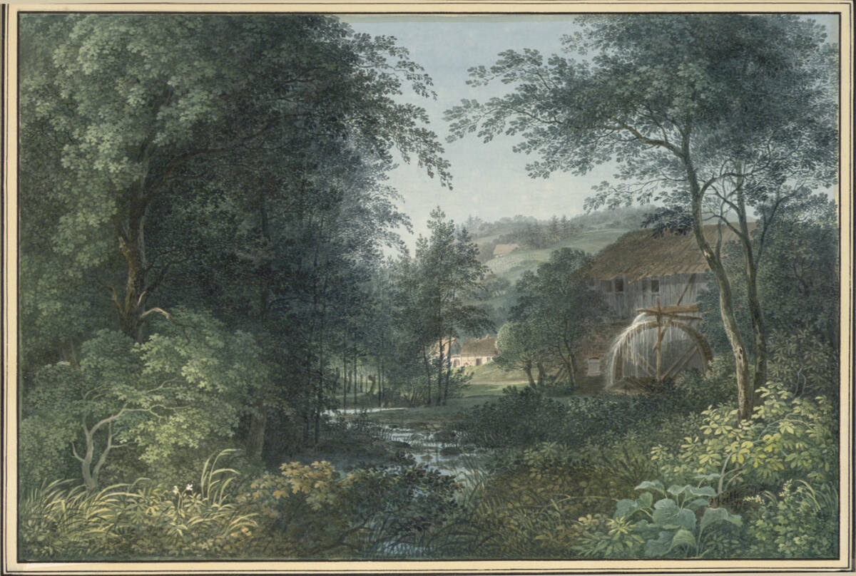 Wassermühle in einem bewaldeten Flusstal, Johann Philipp Veith, 1790