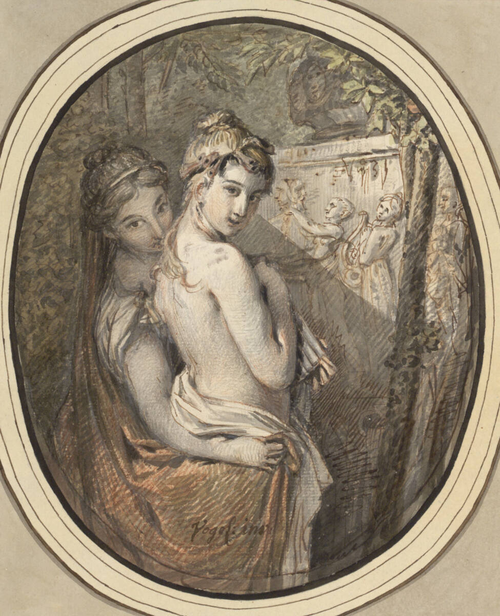 Zwei Nymphen vor einem Postament, sich dem Betrachter zuwendend, Christian Leberecht Vogel, 1775–1780