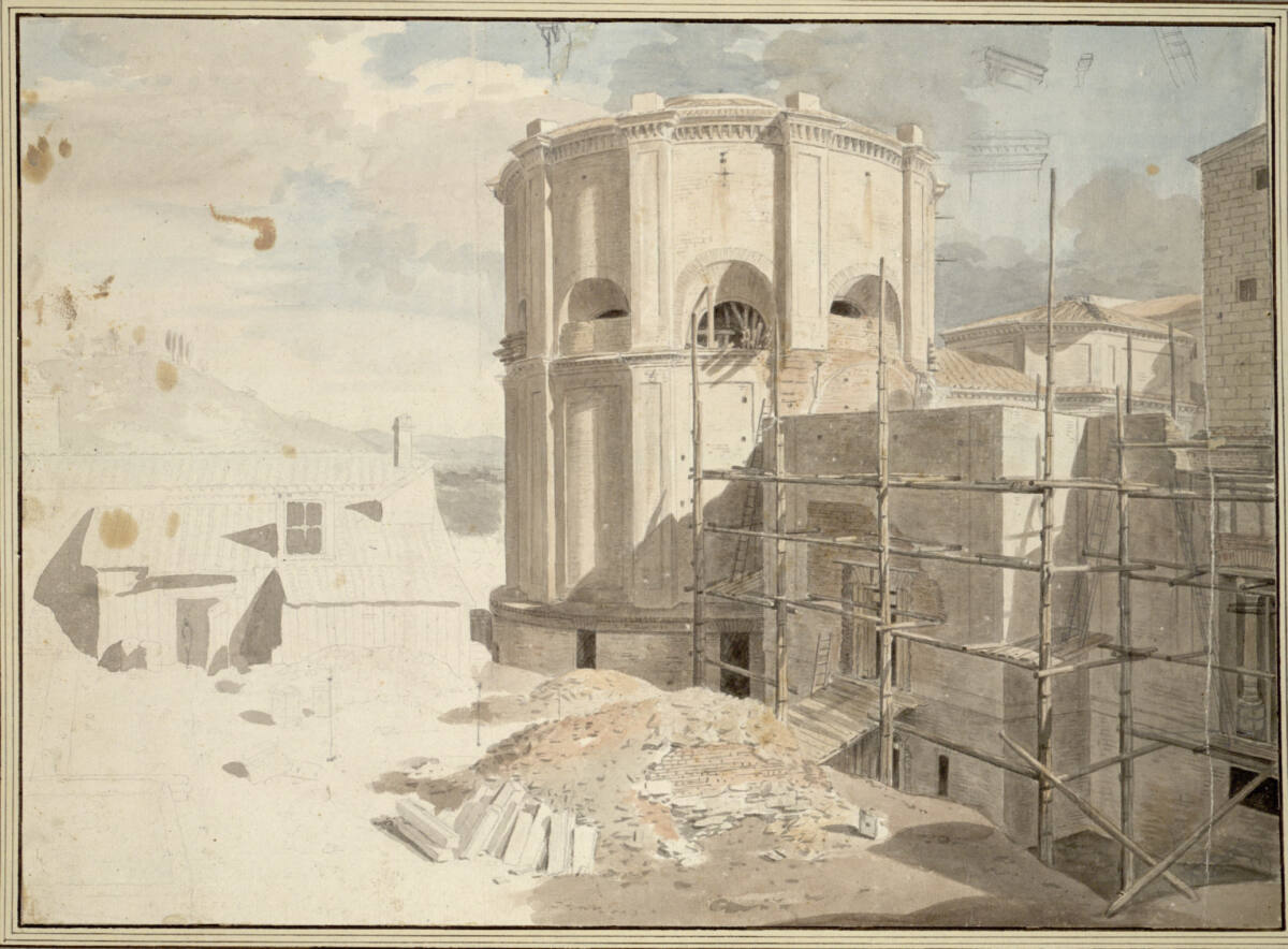 Äußeres des Museo Pio-Clementino mit der Sala Rotonda im Bau, Michael Wutky, 1772–1785