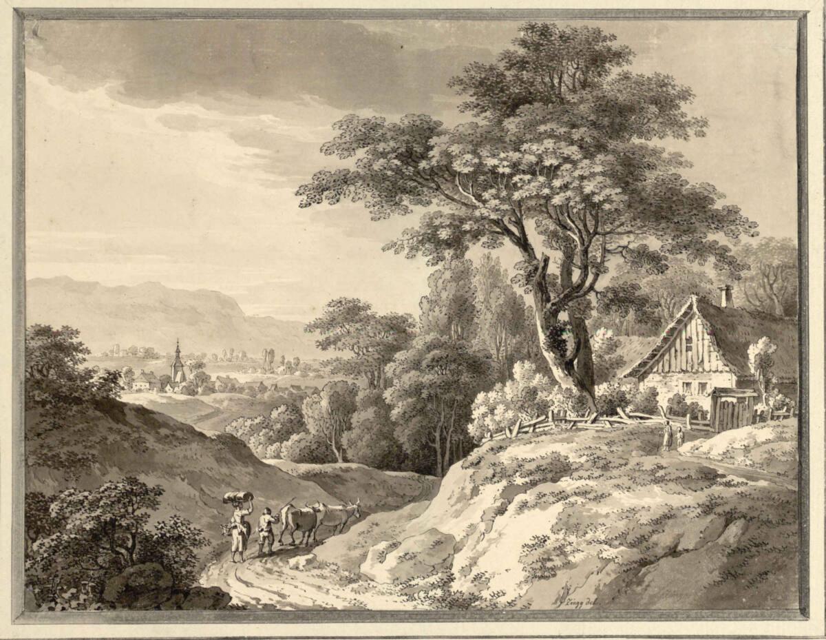 Adrian Zingg, Landschaft mit einem Bauernhaus an einem Hohlweg und Blick auf ein Dorf, Inv. Nr.…