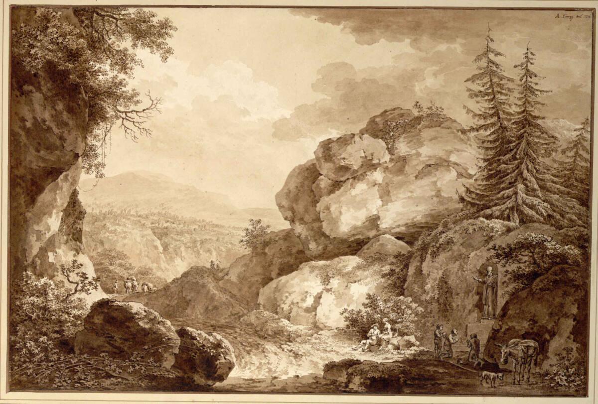Adrian Zingg, Gebirgsstraße über einen Felsenpass mit Ausblick auf eine südliche Landschaft; im…