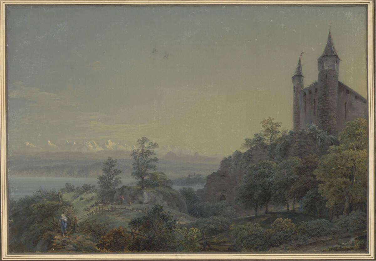 Johann Baptist Stuntz, Die Alpen, von Schloss Neuveville am Bieler See aus, Inv. Nr.: 7222