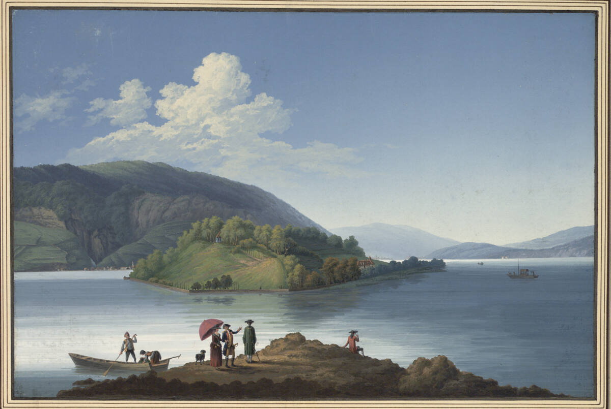 Die Petersinsel im Bieler See von Süden im Morgenlicht, Johann Joseph Hartmann, 1788