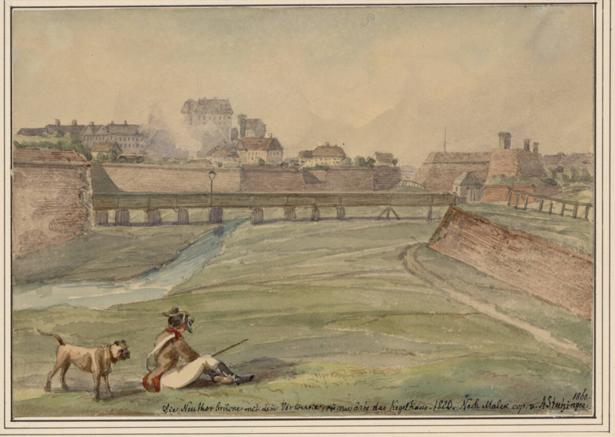 Die Neutorbrücke mit dem Vorwerk, hinten das Kegelhaus, Anton Stutzinger, 1860