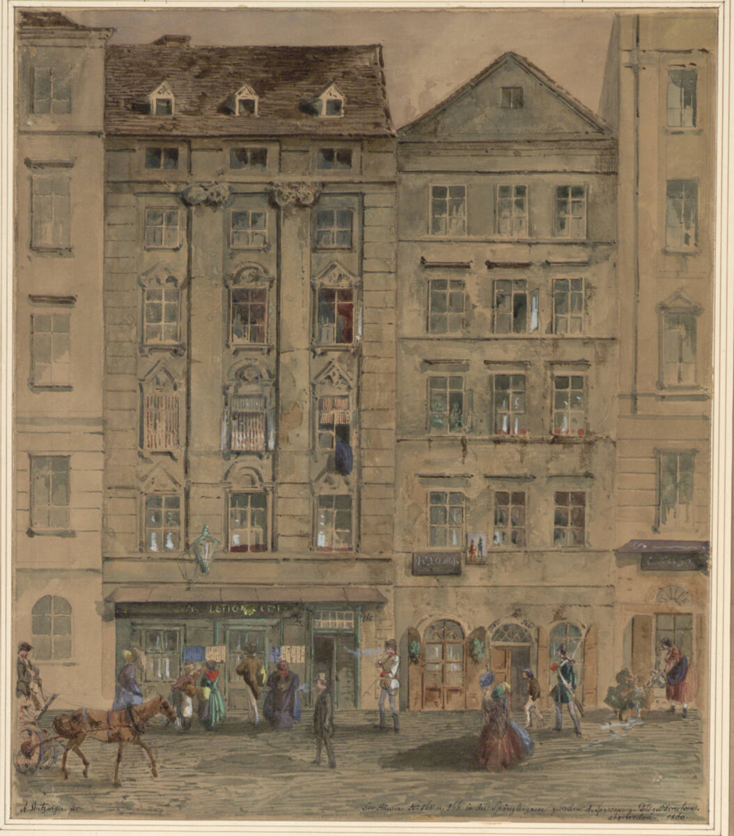 Die Häuser Nr. 565, 566 in der Spenglergasse zwischen Polizeidirektion und Sparkasse. Abgebrochen 1860, Anton Stutzinger