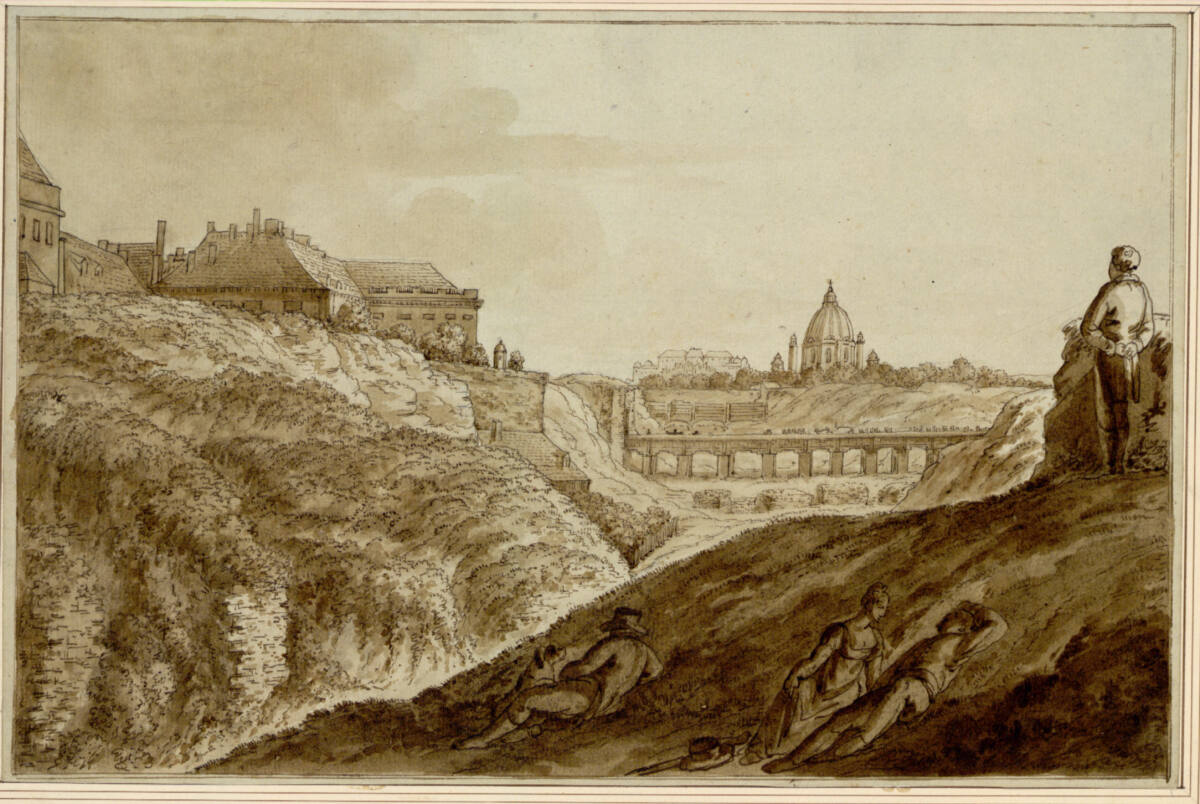Blick über die zerstörte zerstörten Burgbastei oder Löwelbastei auf die Karlskirche und das Belvedere, Anton Spreng