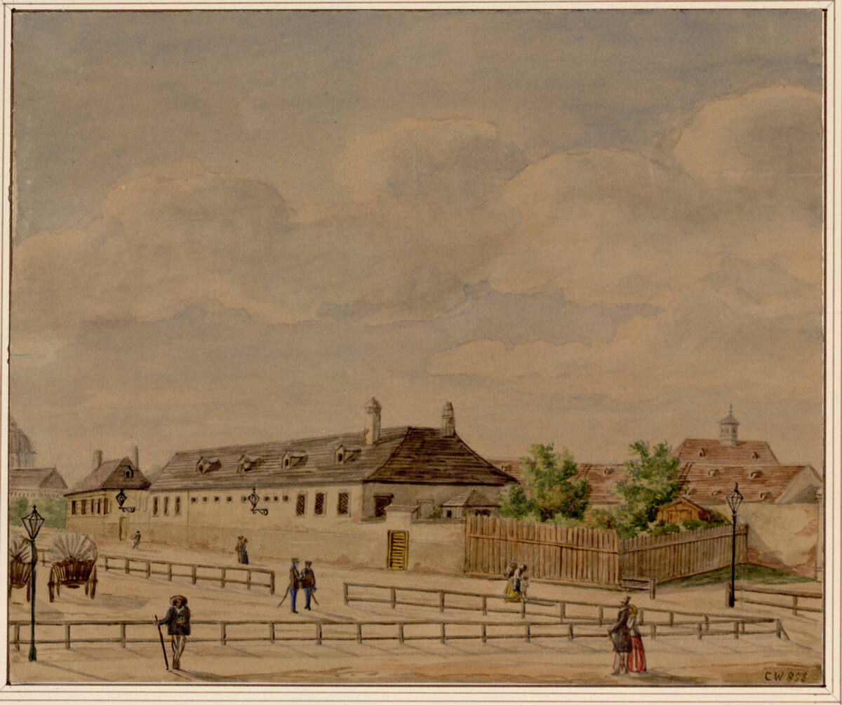 Der Jesuitenhof Wagen-Holzmagazin Nr. 4. Rückwärts das Wiedner Theater, CarlL.Wiesböck, 1858