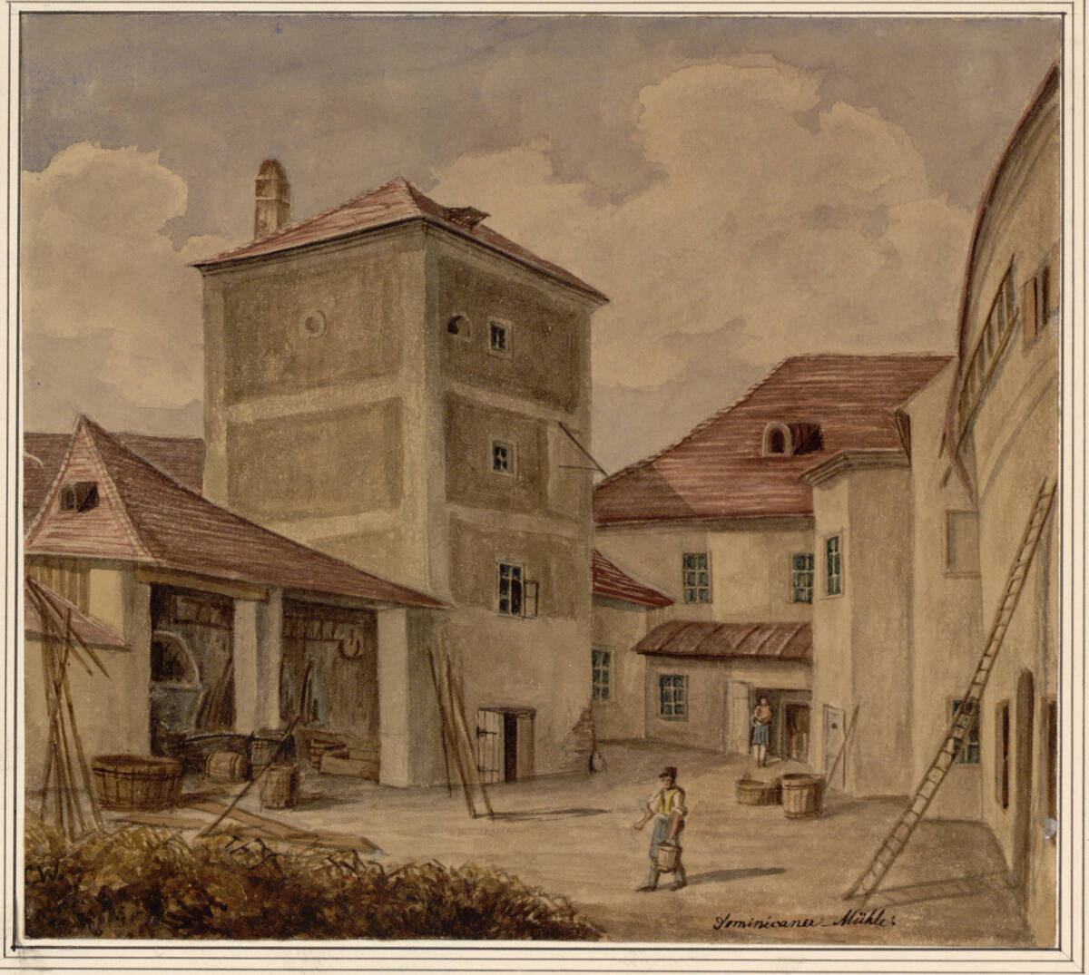 Die ehemalige Dominikanermühle in Gumpendorf. Der Hof mit Schüttkasten und dem Turm, CarlL.Wiesböck