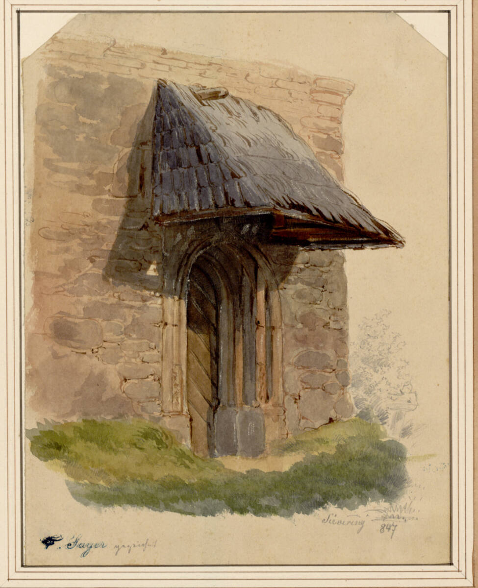 Das Schindeldach über dem Portal der alten Severinuskirche, F.Sager, 1847