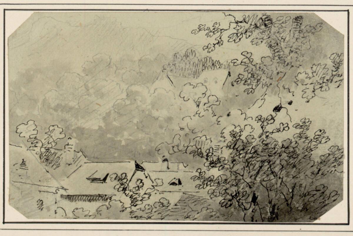 Carl Pischinger, Landschaft mit Dächern und Bäumen, Inv. Nr.: 7492